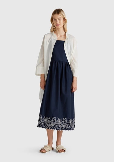  Kadın Lacivert %100 Koton Askılı Etek Ucu İşlemeli Midi Boy Elbise