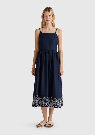  Kadın Lacivert %100 Koton Askılı Etek Ucu İşlemeli Midi Boy Elbise