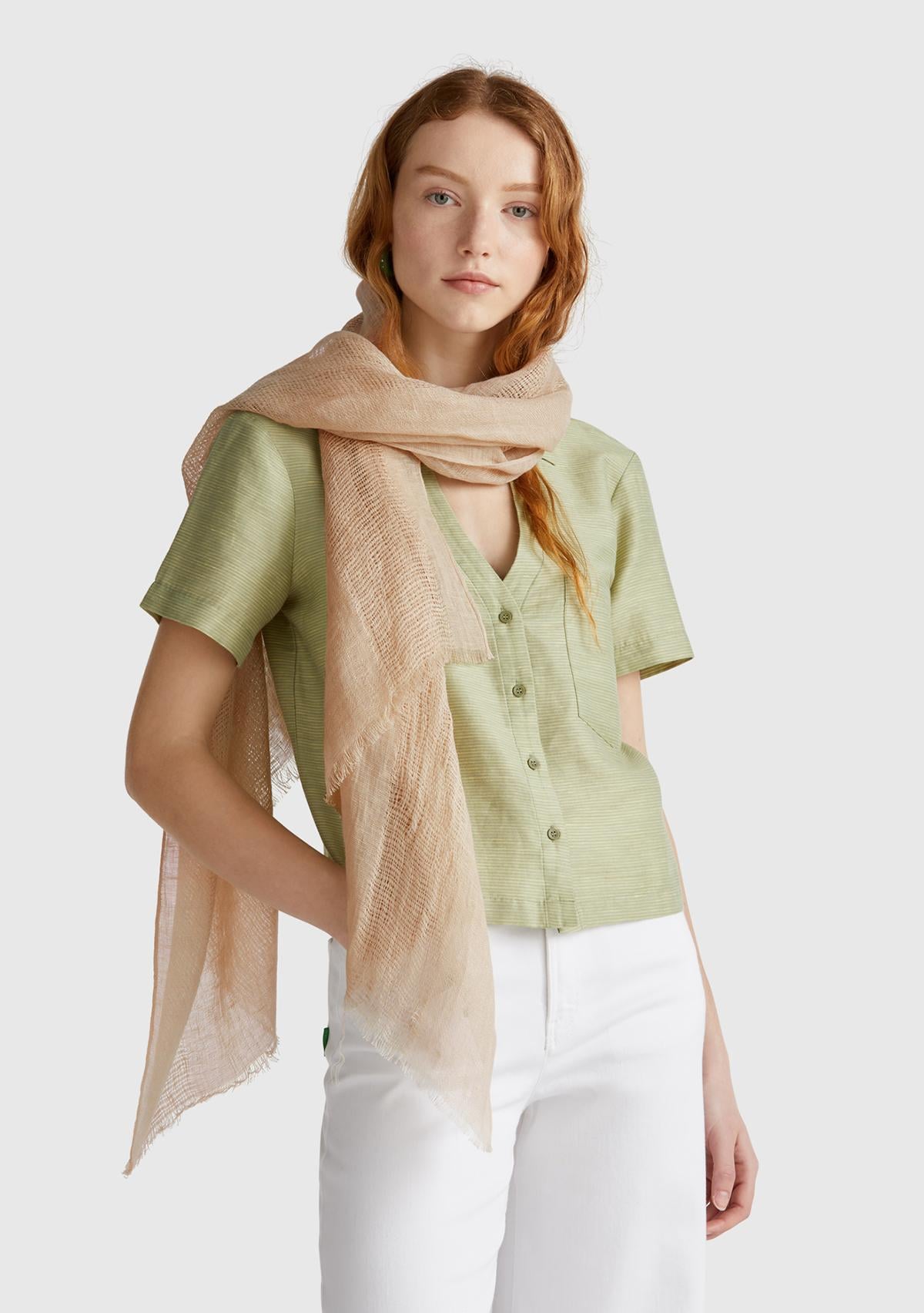  Kadın Taş Rengi %100 Keten Şal