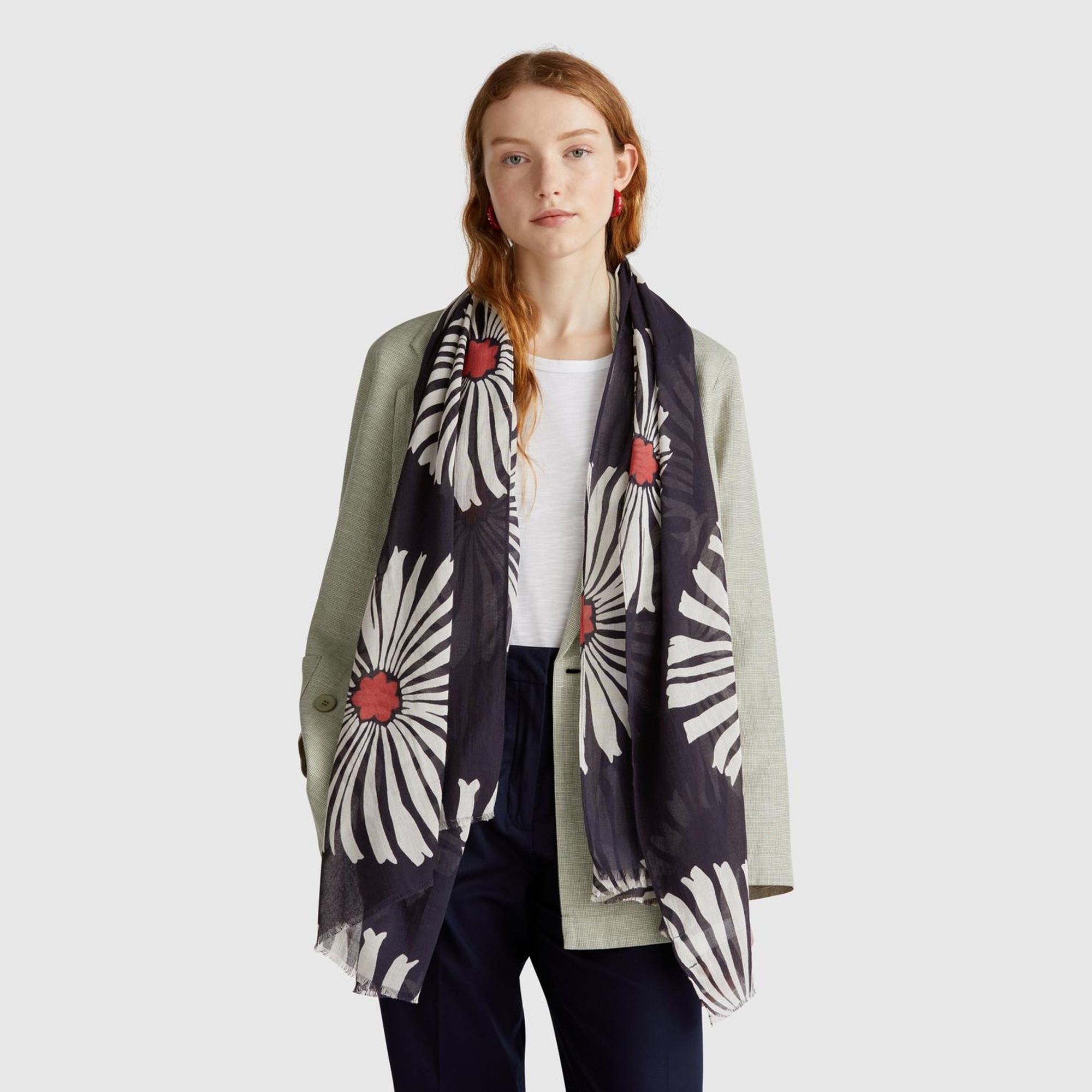 Kadın Lacivert Keten Karışımlı Desenli Şal