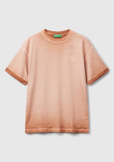  Erkek Çocuk Tarçın Soluk Efektli Logo İşlemeli Oversize T-Shirt