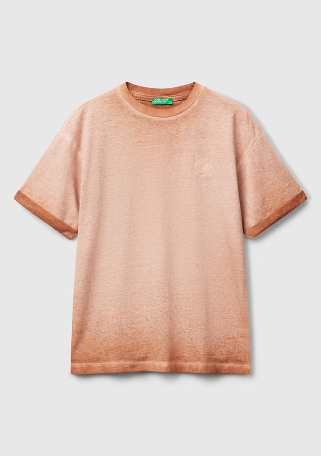  Erkek Çocuk Tarçın Soluk Efektli Logo İşlemeli Oversize T-Shirt