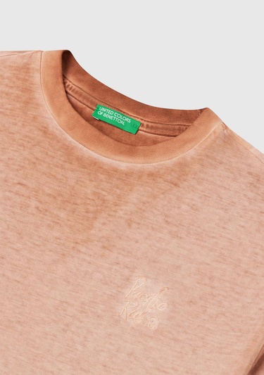  Erkek Çocuk Tarçın Soluk Efektli Logo İşlemeli Oversize T-Shirt