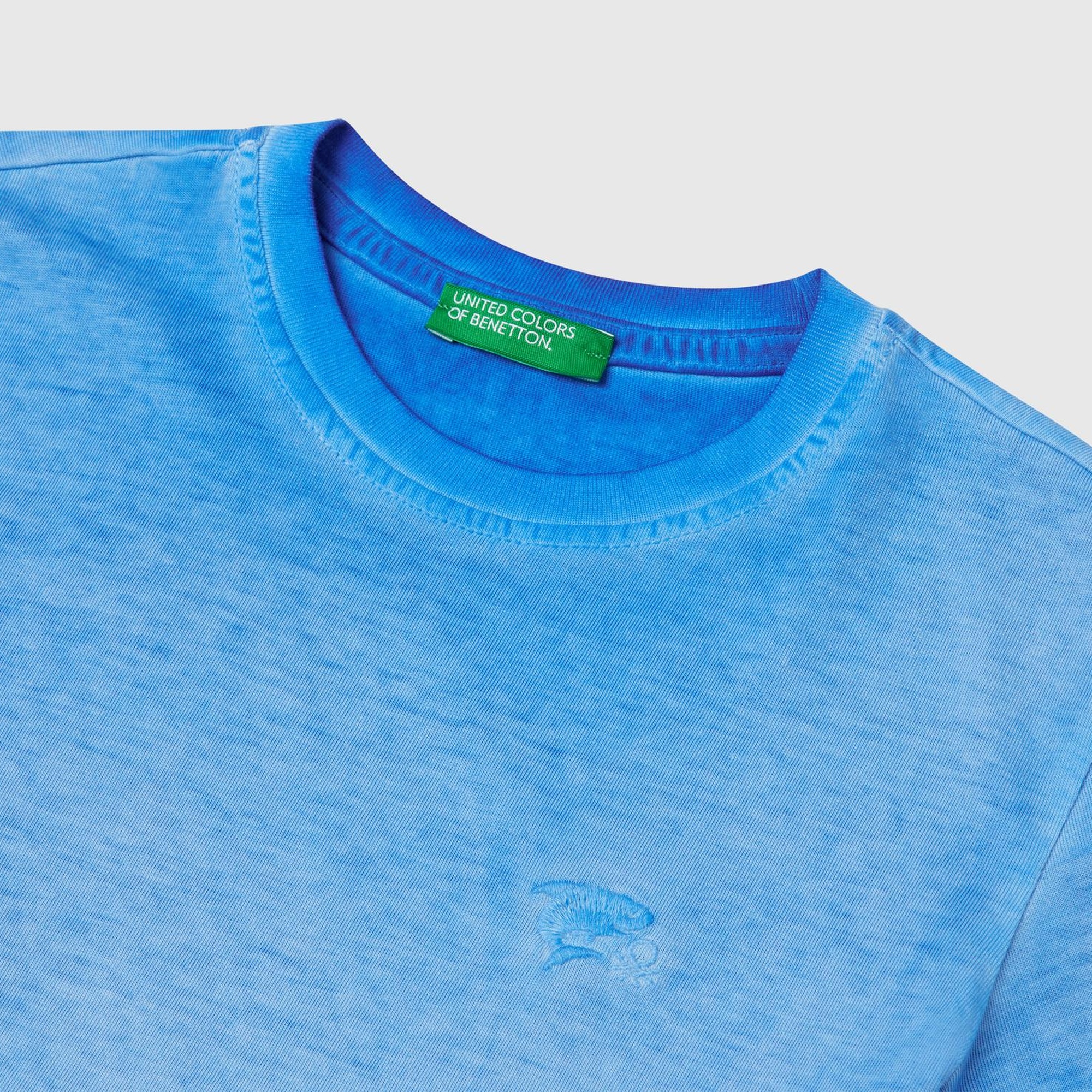 Erkek Çocuk Saks Mavi Soluk Efektli Logo İşlemeli Oversize T-Shirt