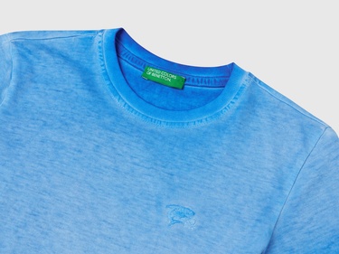  Erkek Çocuk Saks Mavi Soluk Efektli Logo İşlemeli Oversize T-Shirt