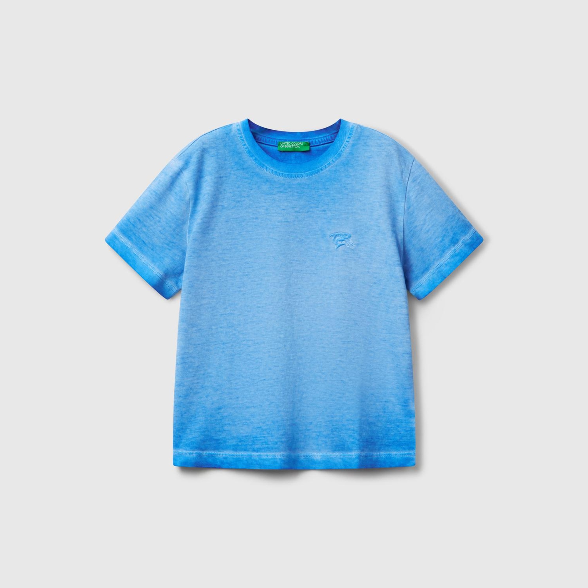 Erkek Çocuk Saks Mavi Soluk Efektli Logo İşlemeli Oversize T-Shirt