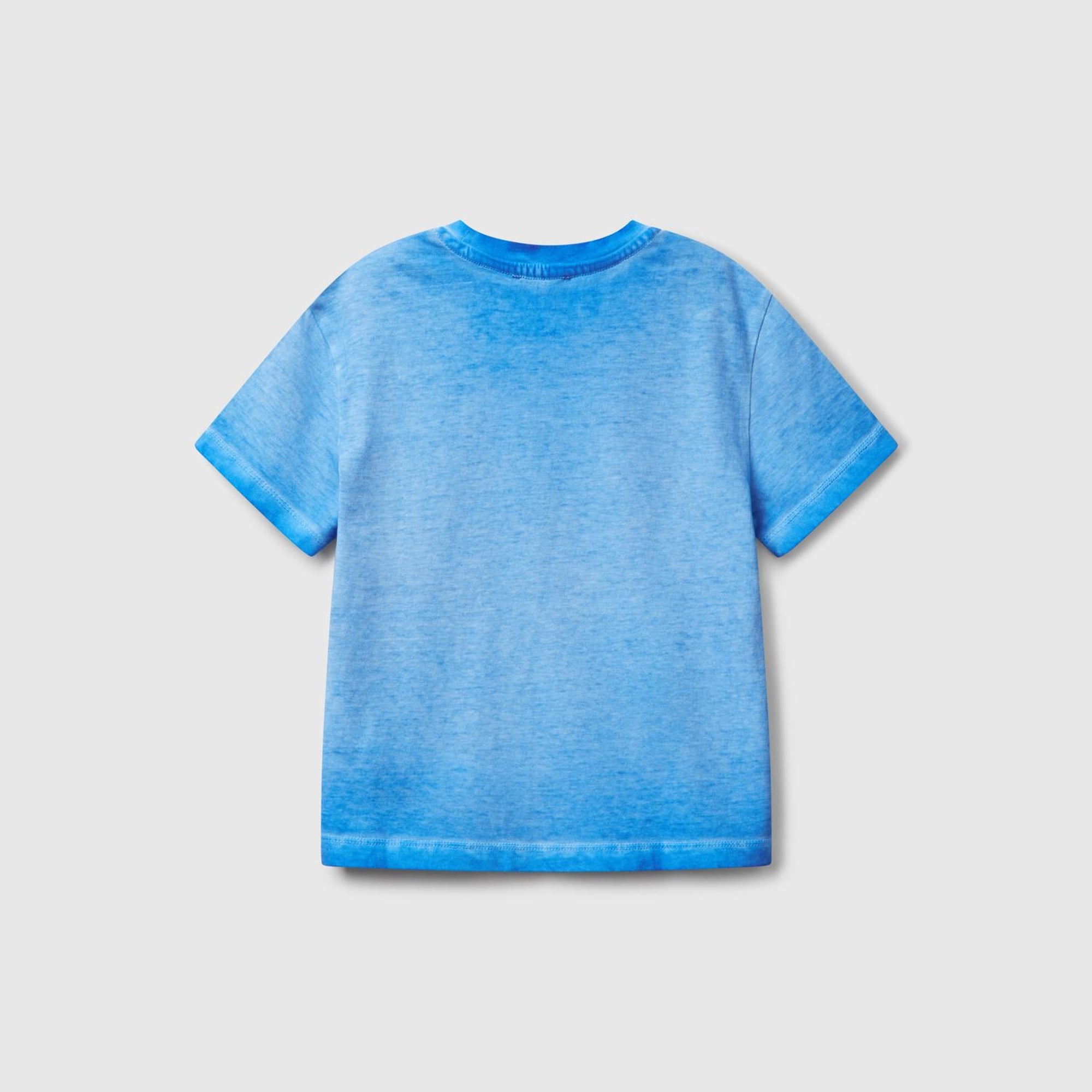 Erkek Çocuk Saks Mavi Soluk Efektli Logo İşlemeli Oversize T-Shirt