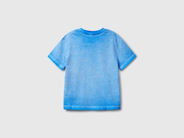  Erkek Çocuk Saks Mavi Soluk Efektli Logo İşlemeli Oversize T-Shirt