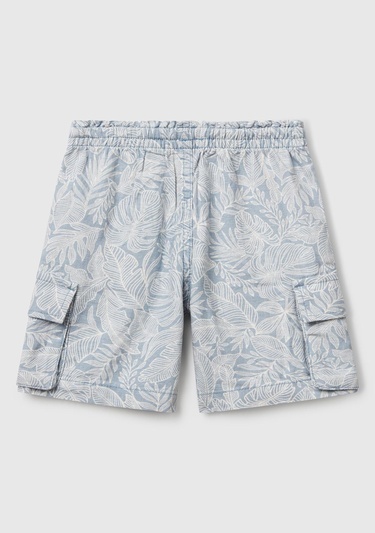  Erkek Çocuk Mavi Keten Karışımlı Tamamı Desenli Büzgü İpli Yanları Cepli Şort