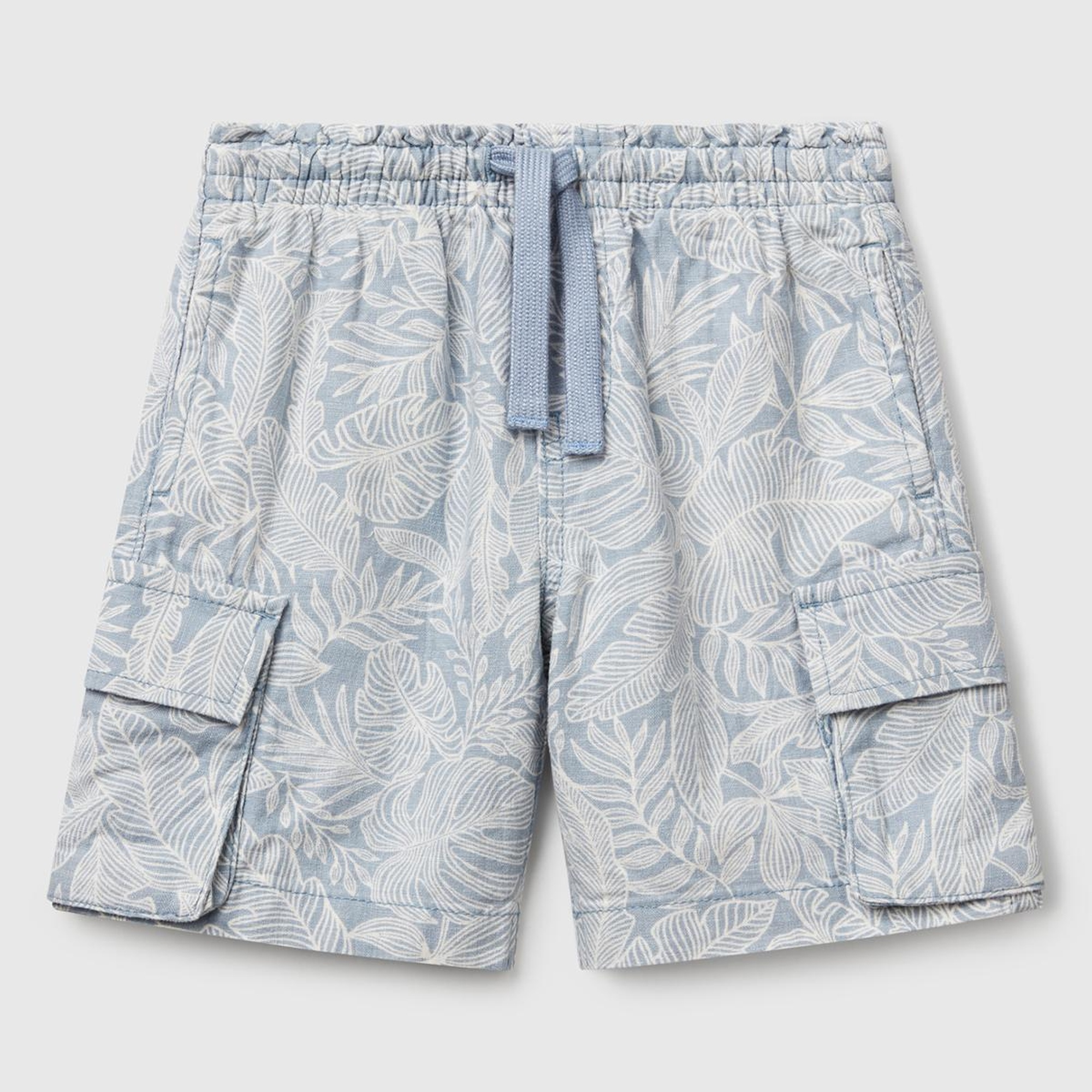 Erkek Çocuk Mavi Keten Karışımlı Tamamı Desenli Büzgü İpli Yanları Cepli Şort