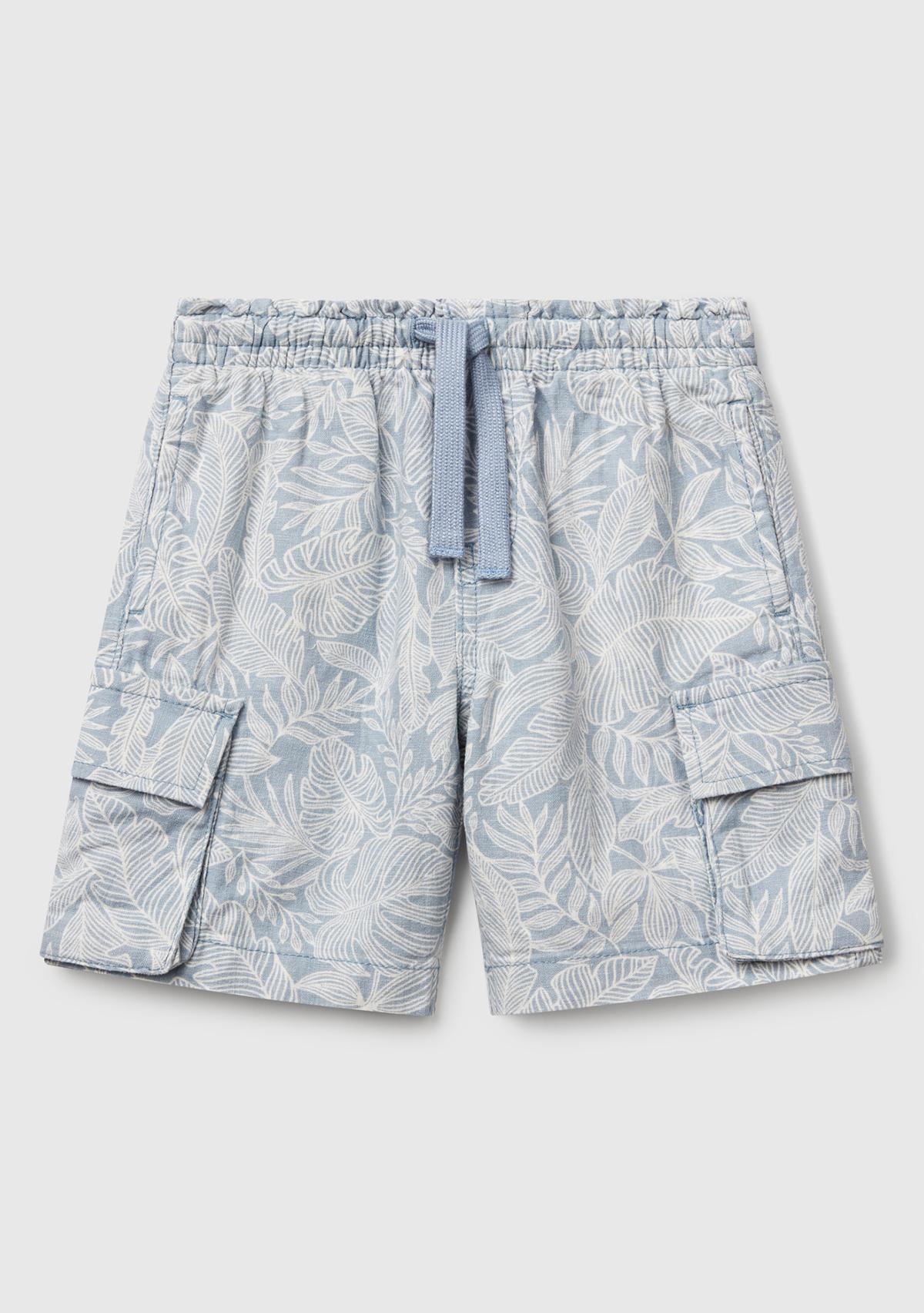  Erkek Çocuk Mavi Keten Karışımlı Tamamı Desenli Büzgü İpli Yanları Cepli Şort