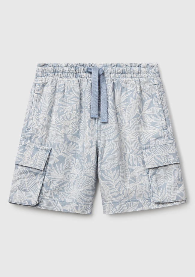  Erkek Çocuk Mavi Keten Karışımlı Tamamı Desenli Büzgü İpli Yanları Cepli Şort