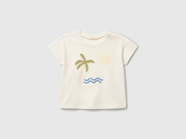  Bebek Ekru Aplikeli ve Baskılı Bisiklet Yaka T-Shirt