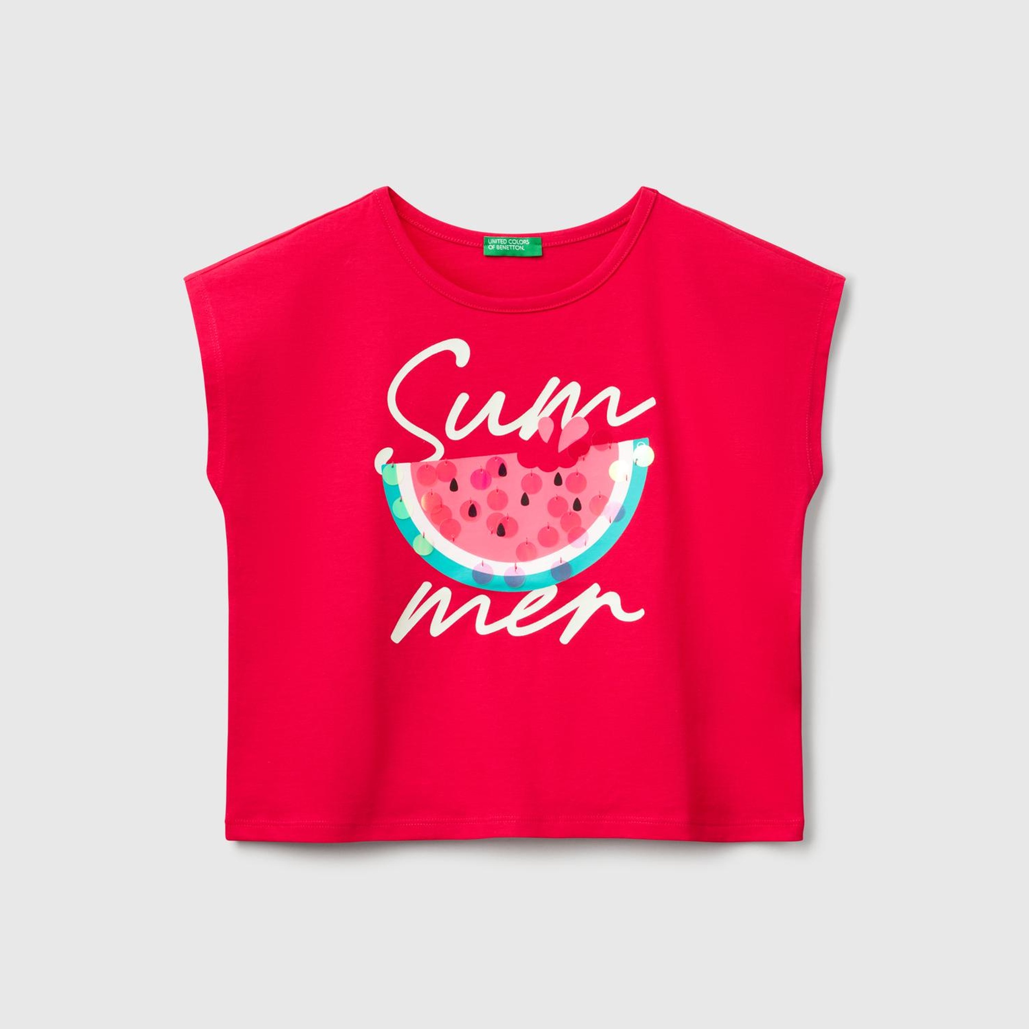 Kız Çocuk Fuşya Baskılı Payet İşleme Detaylı T-Shirt