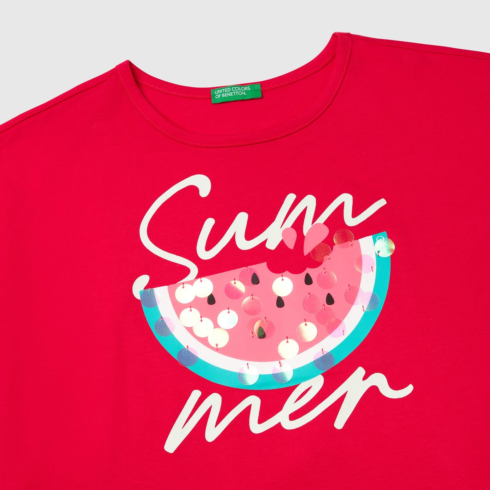 Kız Çocuk Fuşya Baskılı Payet İşleme Detaylı T-Shirt