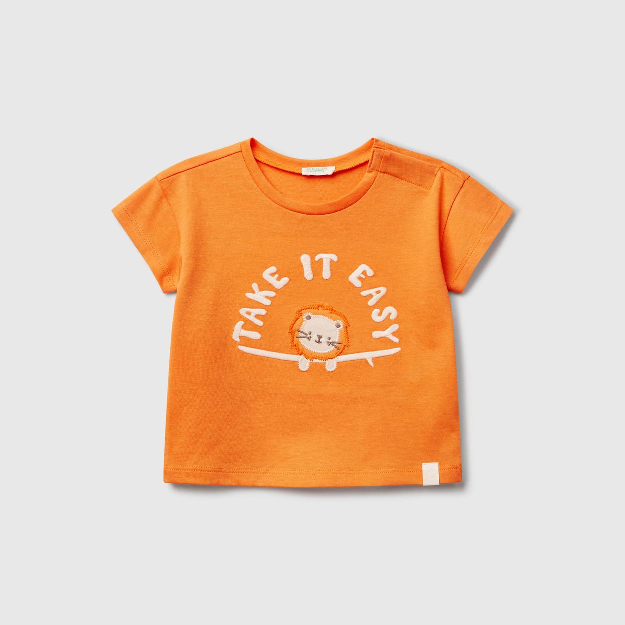 Bebek Turuncu Aplikeli ve Baskılı Bisiklet Yaka T-Shirt