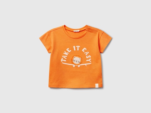  Bebek Turuncu Aplikeli ve Baskılı Bisiklet Yaka T-Shirt