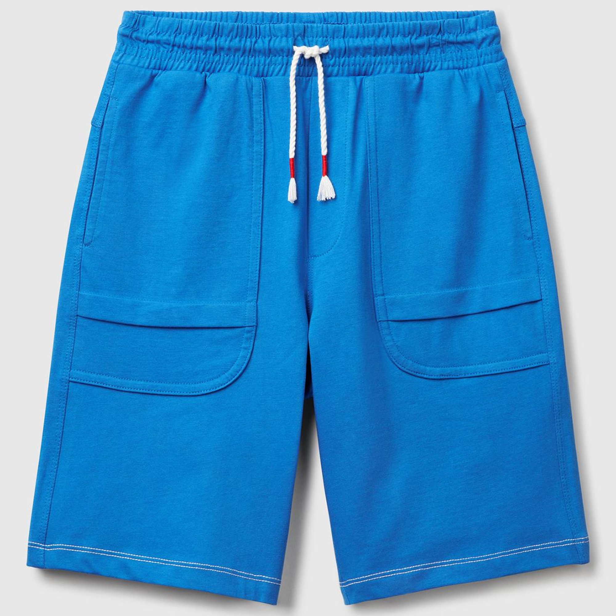 Erkek Çocuk Saks Mavi Dikiş Detaylı Arka Cebi Logo İşlemeli Beli İpli Şort