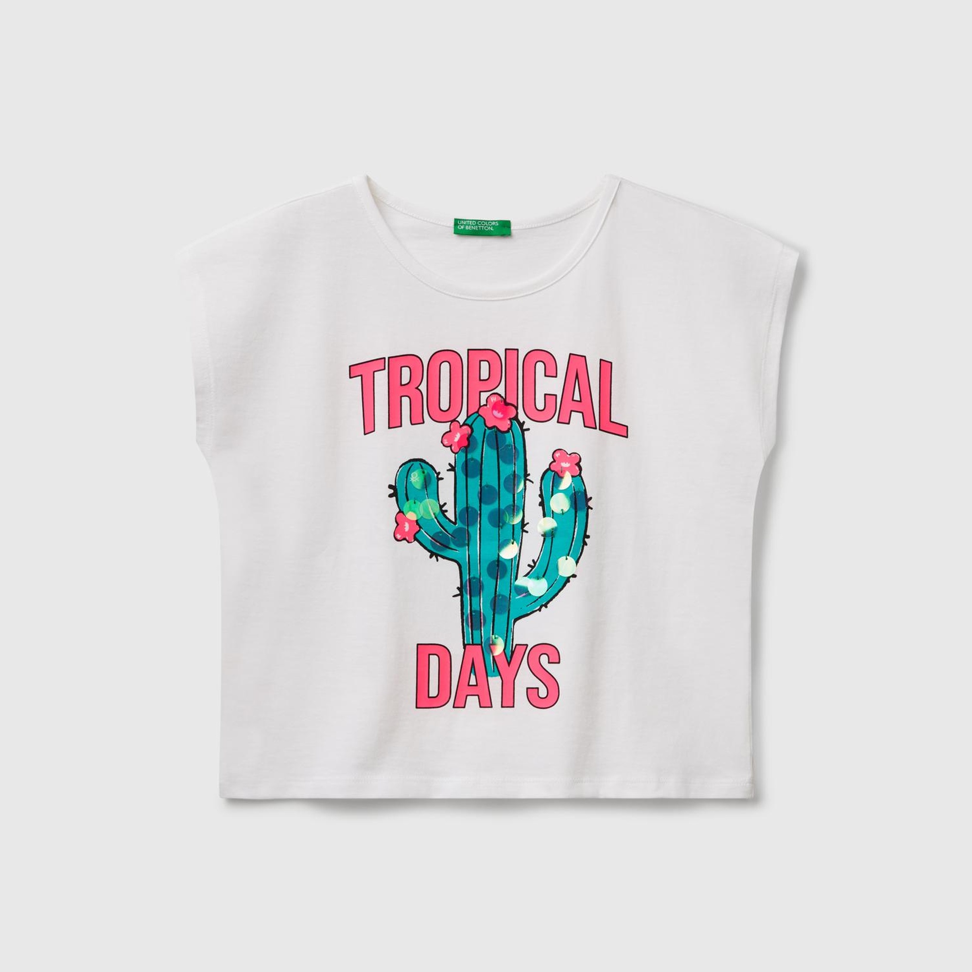 Kız Çocuk Beyaz Baskılı Payet İşleme Detaylı T-Shirt