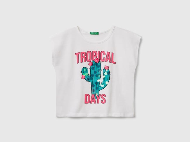  Kız Çocuk Beyaz Baskılı Payet İşleme Detaylı T-Shirt