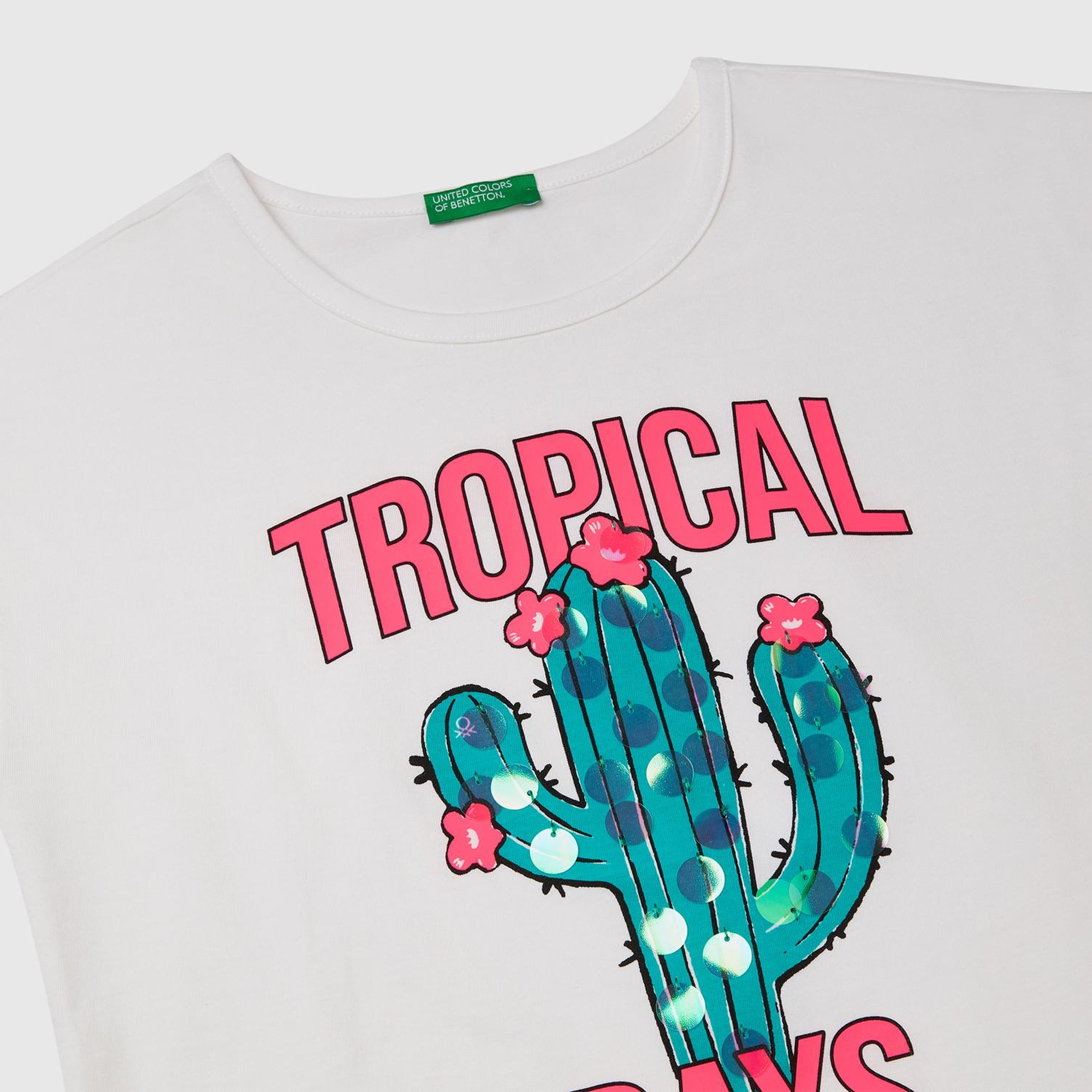 Kız Çocuk Beyaz Baskılı Payet İşleme Detaylı T-Shirt