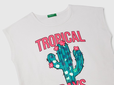  Kız Çocuk Beyaz Baskılı Payet İşleme Detaylı T-Shirt