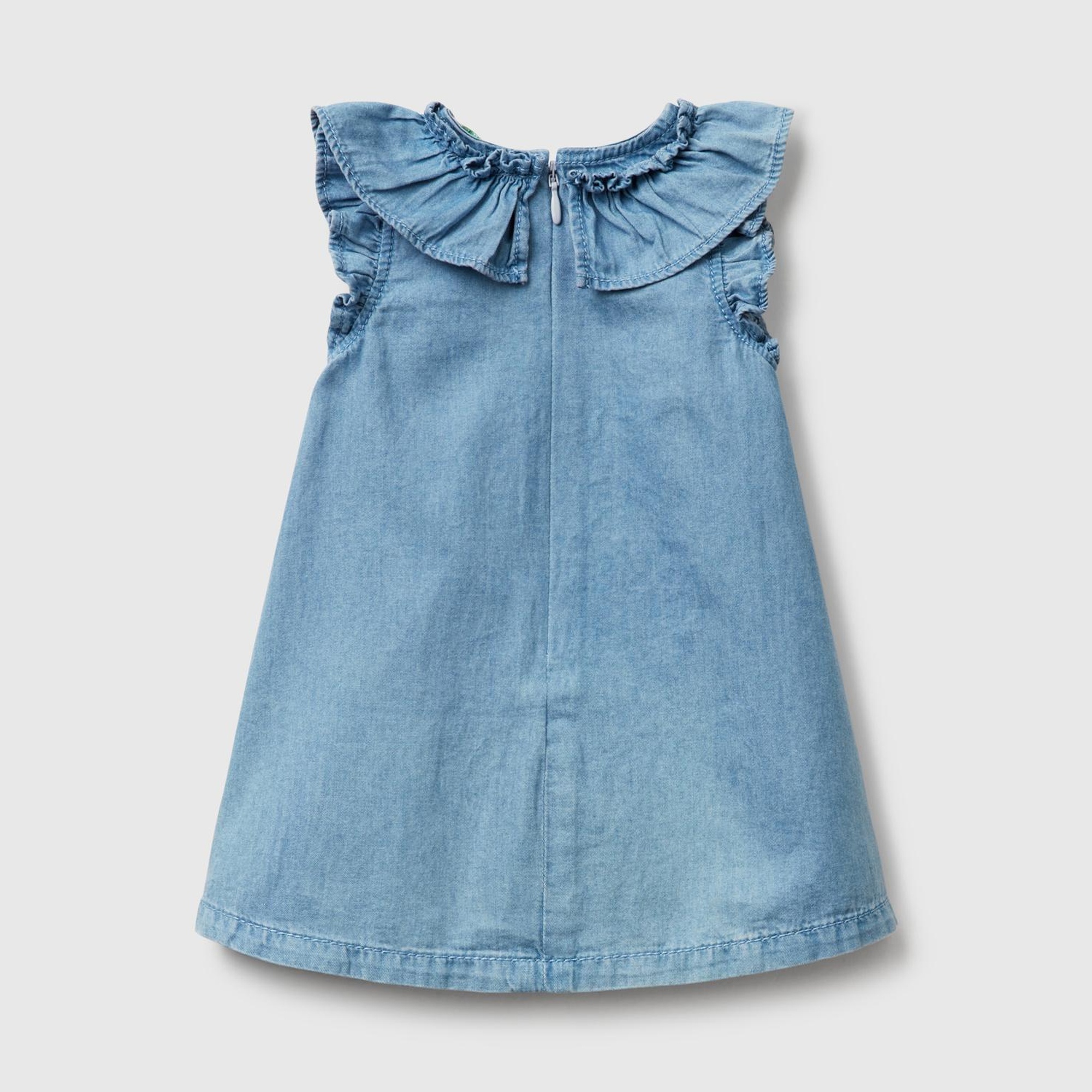 Bebek Denim Logo Etiket Detaylı Yakası Fırfırlı Pileli Denim Elbise