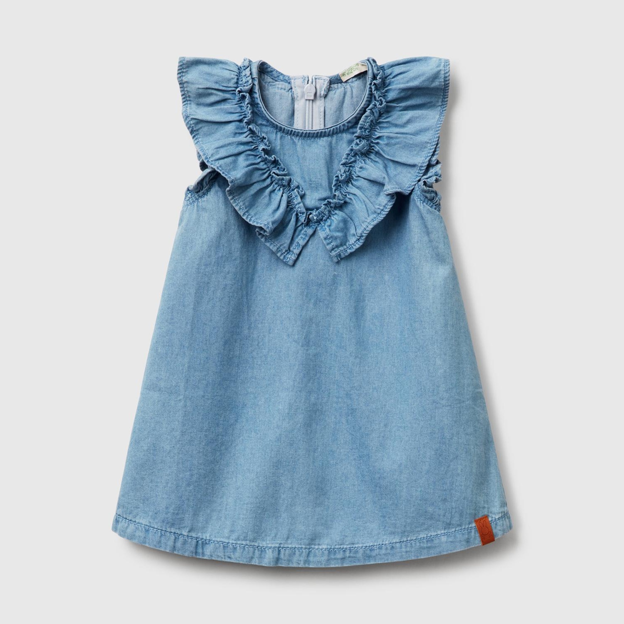 Bebek Denim Logo Etiket Detaylı Yakası Fırfırlı Pileli Denim Elbise