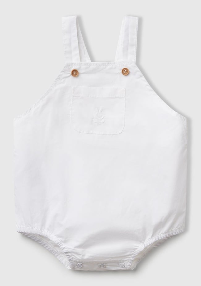  Bebek Beyaz Cebi Tavşan Logosu İşlemeli Lastikli Askılı Poplin Tulum