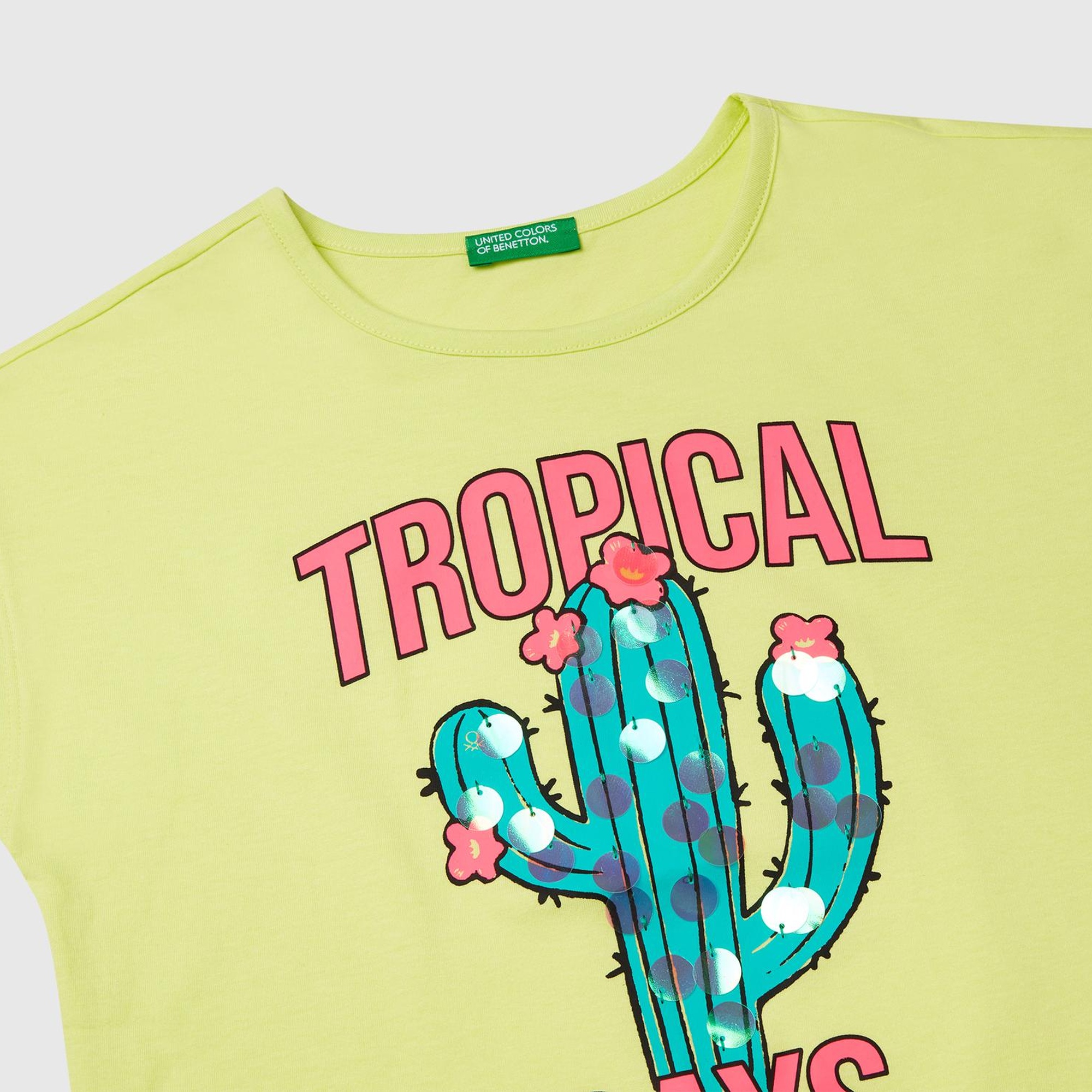 Kız Çocuk Sarı Baskılı Payet İşleme Detaylı T-Shirt