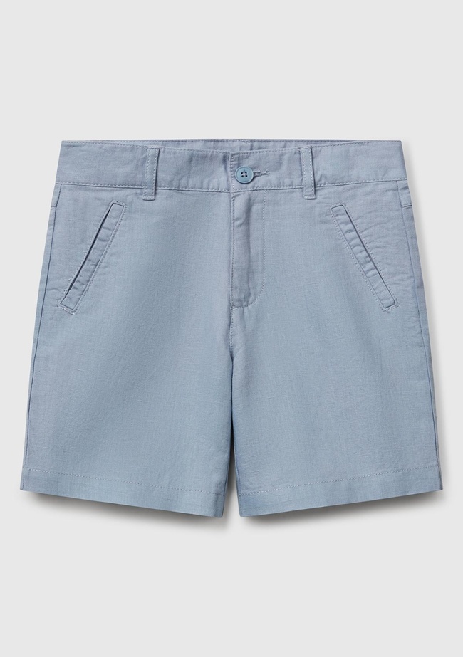  Erkek Çocuk Mavi İşlemeli Logo Detaylı Cepli Bermuda Şort
