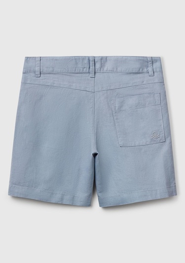  Erkek Çocuk Mavi İşlemeli Logo Detaylı Cepli Bermuda Şort