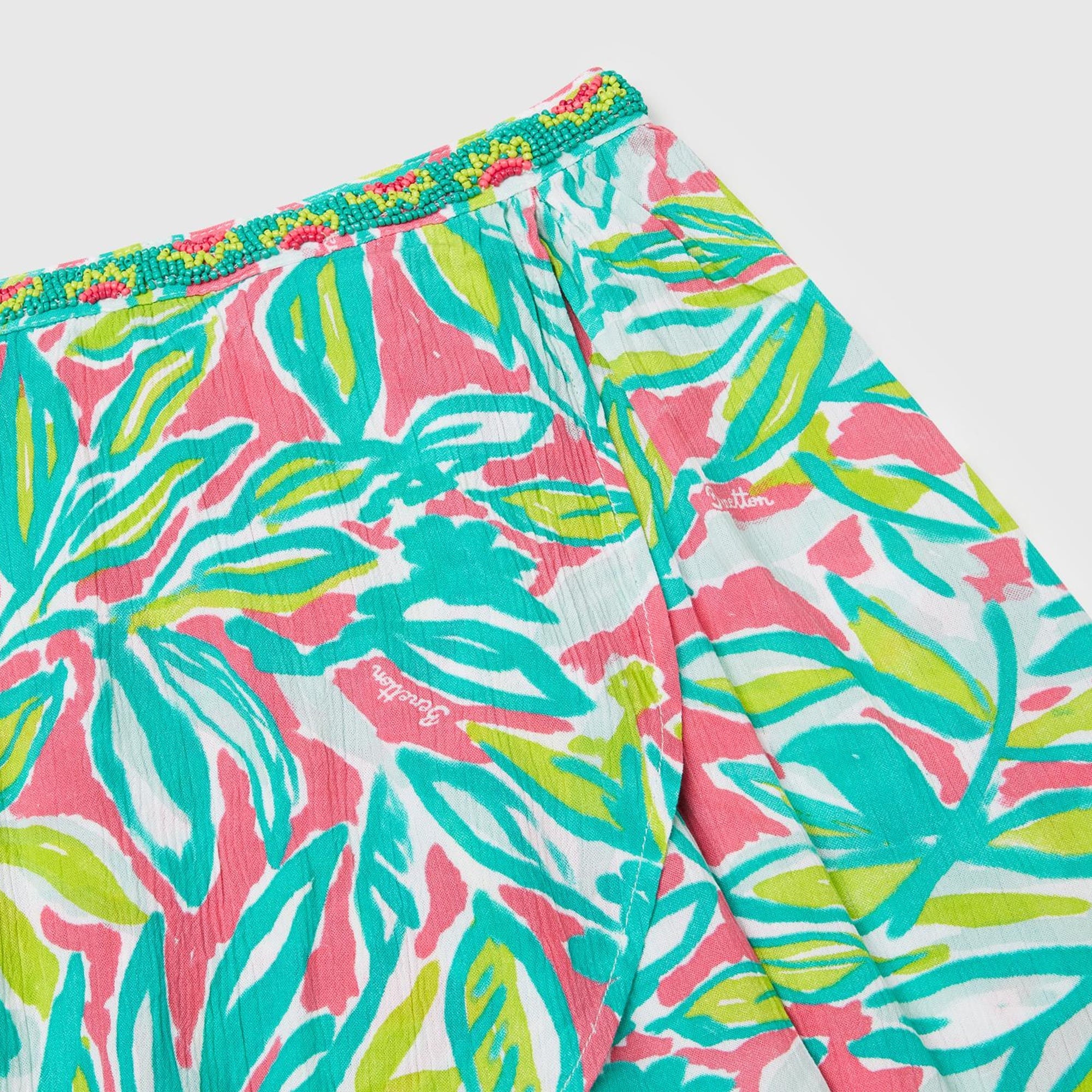 Kız Çocuk Yeşil %100 Viskoz Desenli Beli Lastikli Asimetrik Kloş Etek