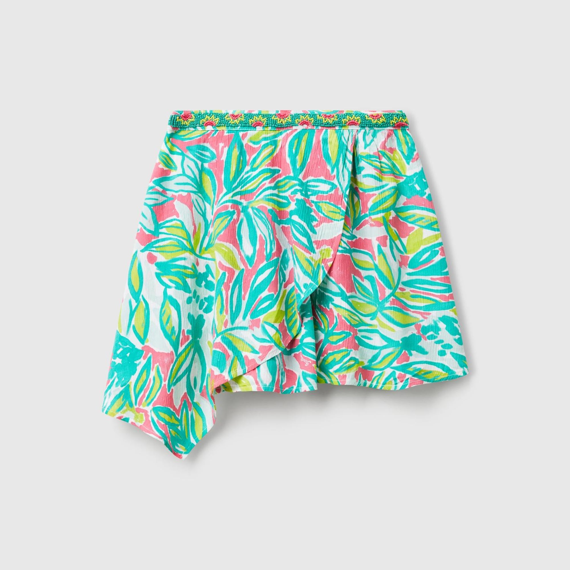 Kız Çocuk Yeşil %100 Viskoz Desenli Beli Lastikli Asimetrik Kloş Etek