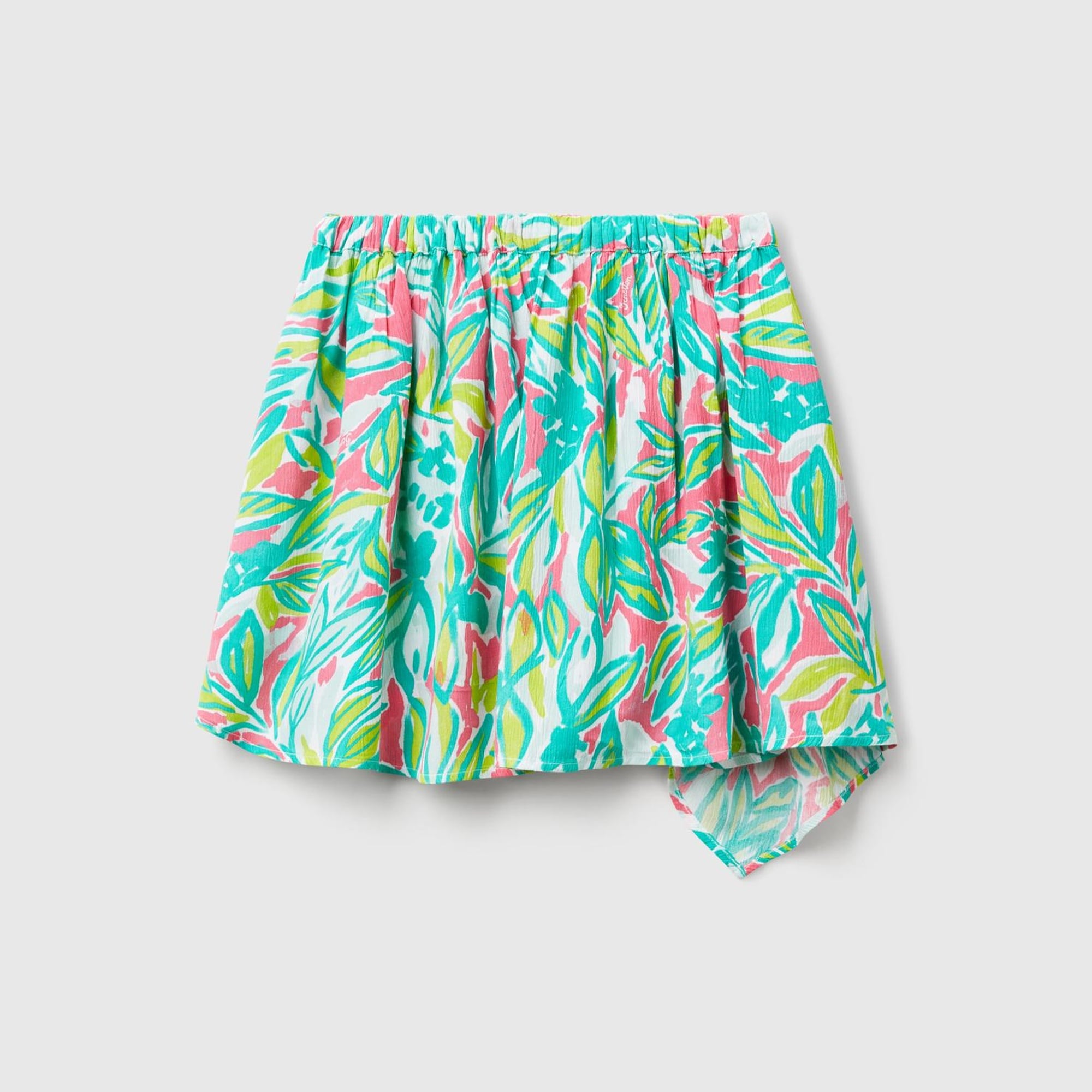 Kız Çocuk Yeşil %100 Viskoz Desenli Beli Lastikli Asimetrik Kloş Etek