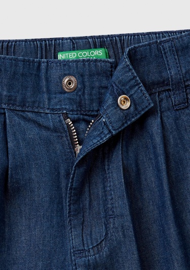  Kız Çocuk Koyu Denim Arka Ceplerde Logo İşlemeli Düğmeli Denim Şönil Şort