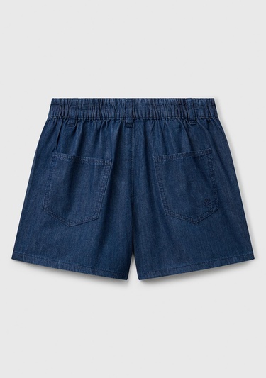  Kız Çocuk Koyu Denim Arka Ceplerde Logo İşlemeli Düğmeli Denim Şönil Şort