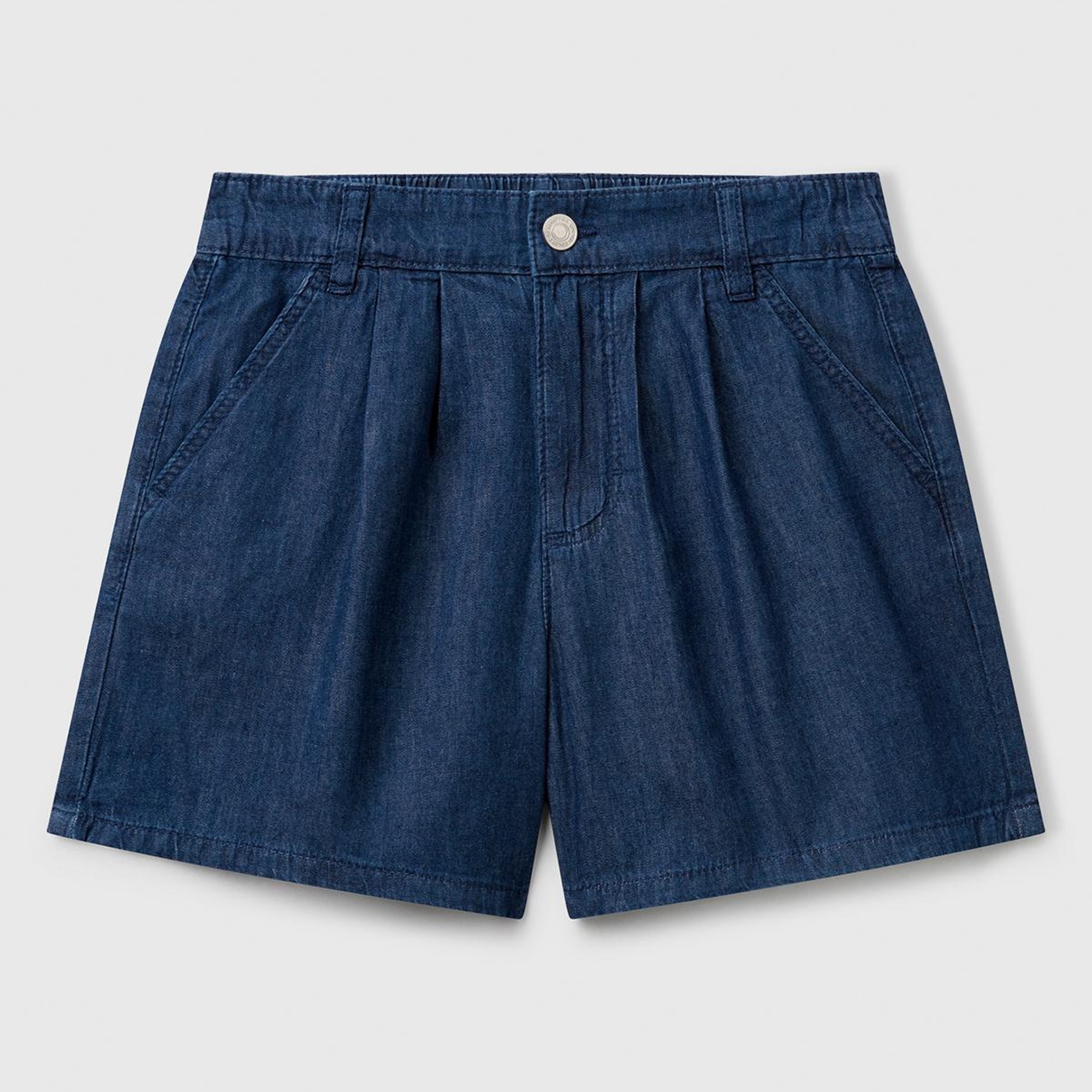 Kız Çocuk Koyu Denim Arka Ceplerde Logo İşlemeli Düğmeli Denim Şönil Şort