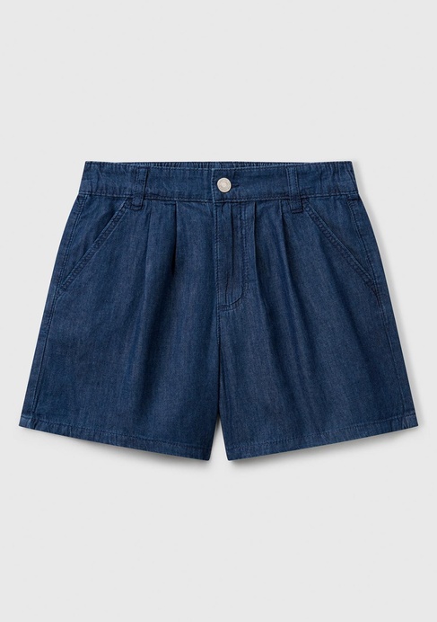  Kız Çocuk Koyu Denim Arka Ceplerde Logo İşlemeli Düğmeli Denim Şönil Şort