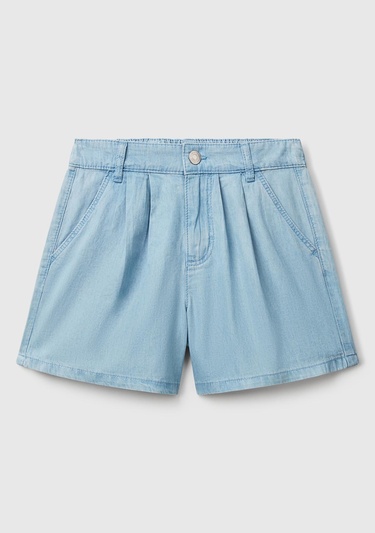  Kız Çocuk Açık Denim Arka Ceplerde Logo İşlemeli Düğmeli Denim Şönil Şort