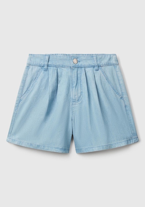  Kız Çocuk Açık Denim Arka Ceplerde Logo İşlemeli Düğmeli Denim Şönil Şort