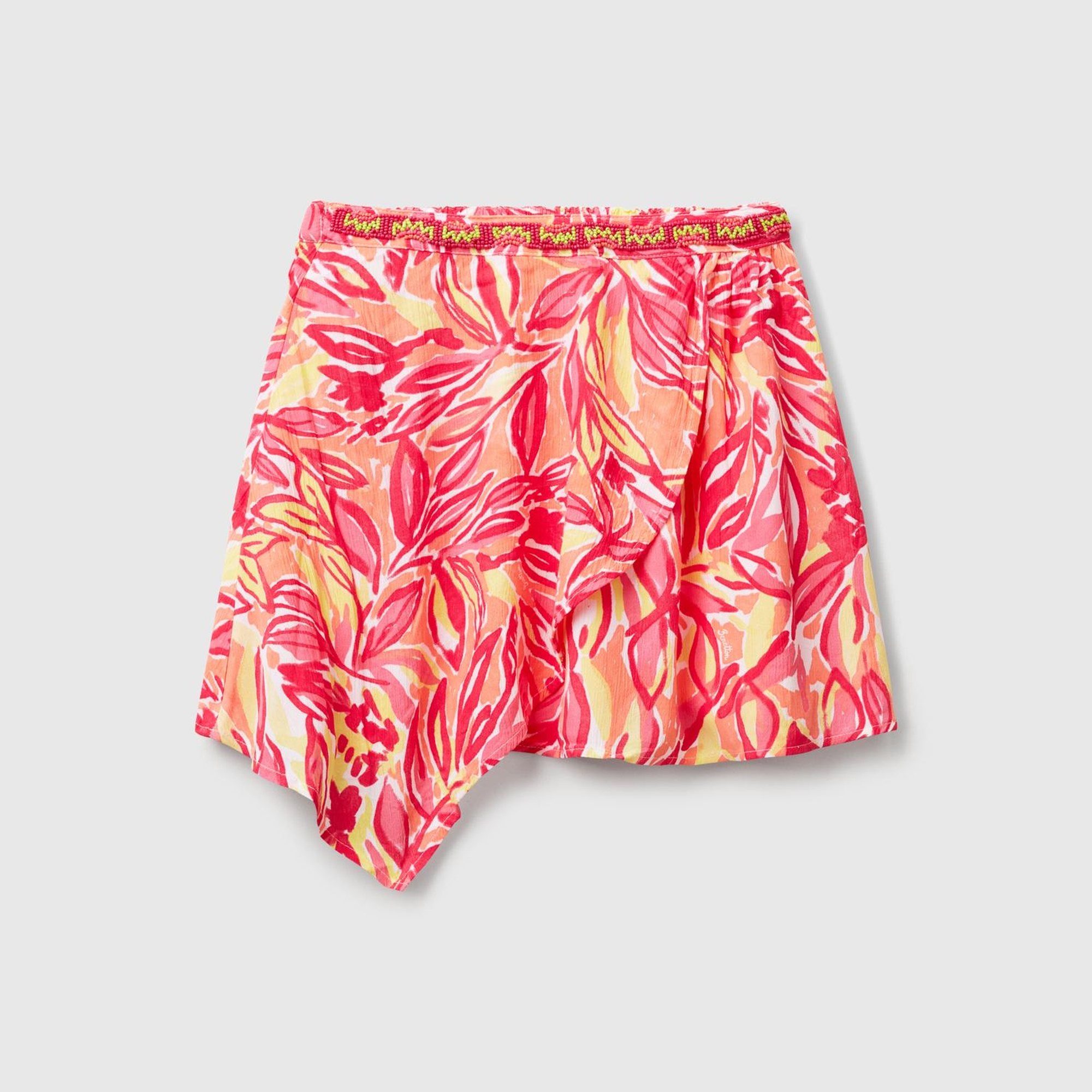 Kız Çocuk Turuncu %100 Viskoz Desenli Beli Lastikli Asimetrik Kloş Etek