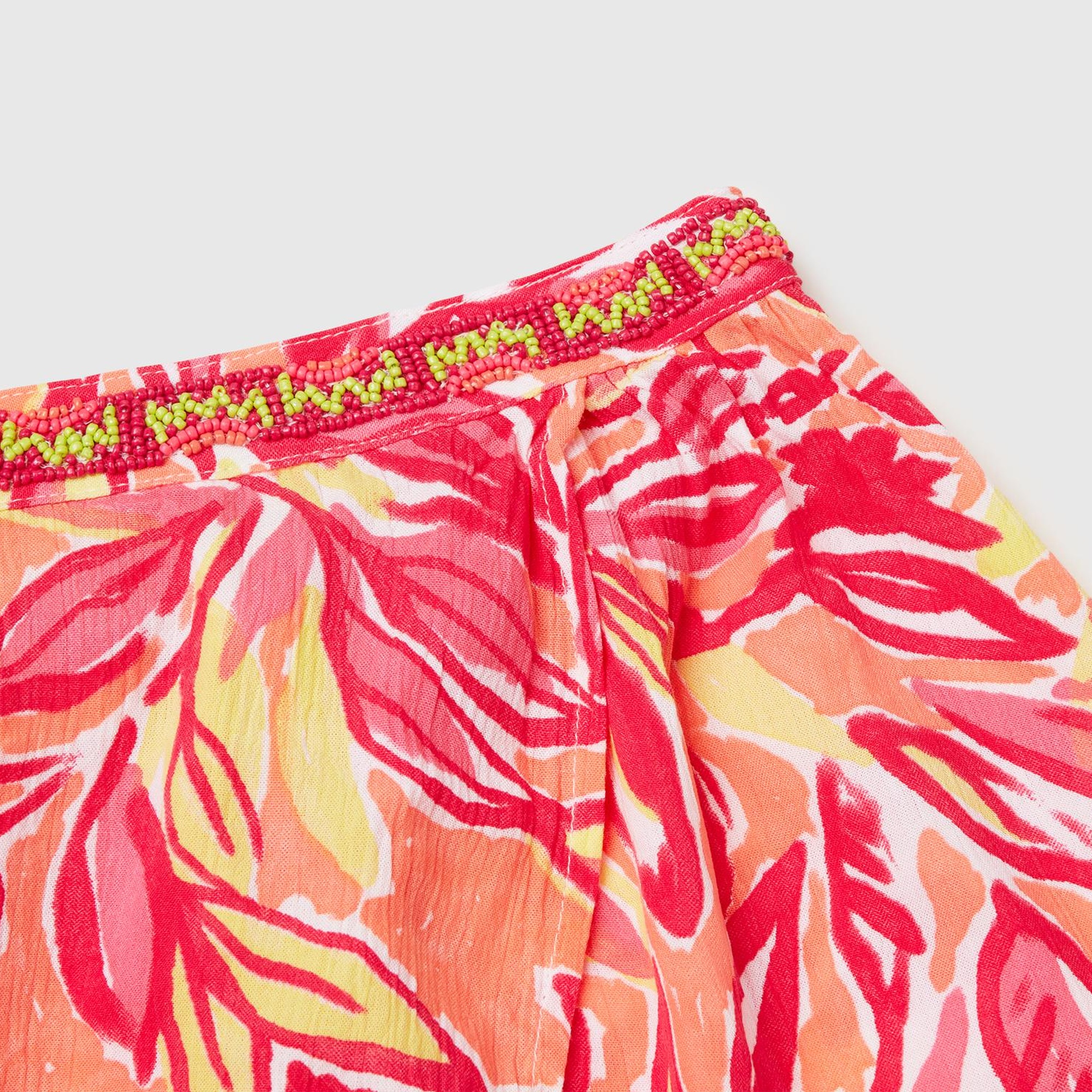 Kız Çocuk Turuncu %100 Viskoz Desenli Beli Lastikli Asimetrik Kloş Etek