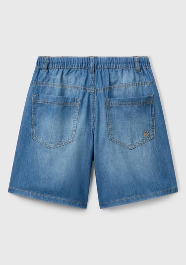  Erkek Çocuk Koyu Denim Arka Cebi Logo Detaylı Büzgü İpli Denim Bermuda Şort
