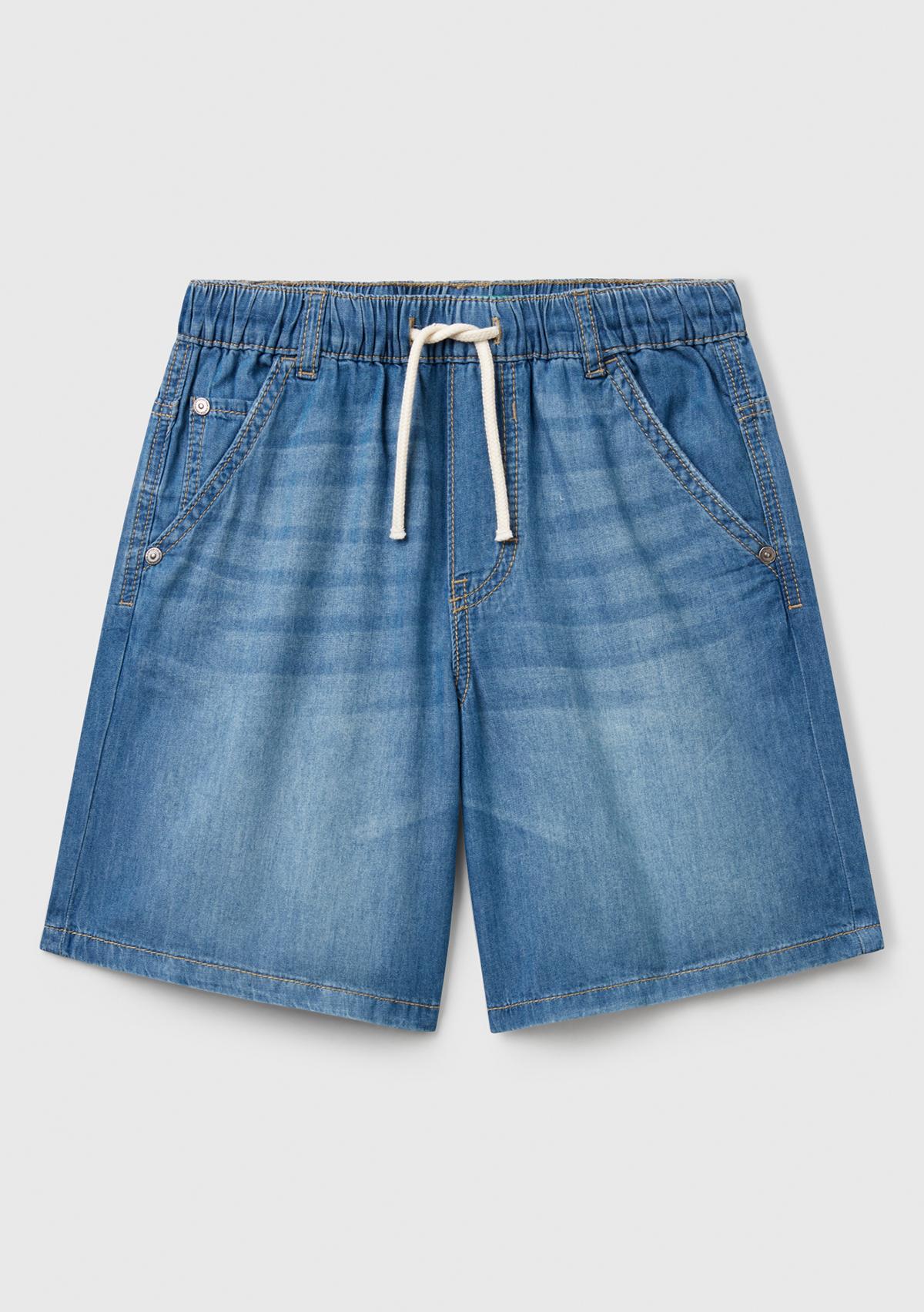  Erkek Çocuk Koyu Denim Arka Cebi Logo Detaylı Büzgü İpli Denim Bermuda Şort