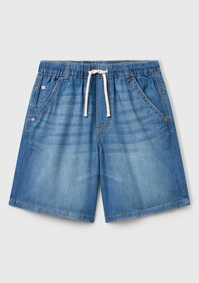  Erkek Çocuk Koyu Denim Arka Cebi Logo Detaylı Büzgü İpli Denim Bermuda Şort