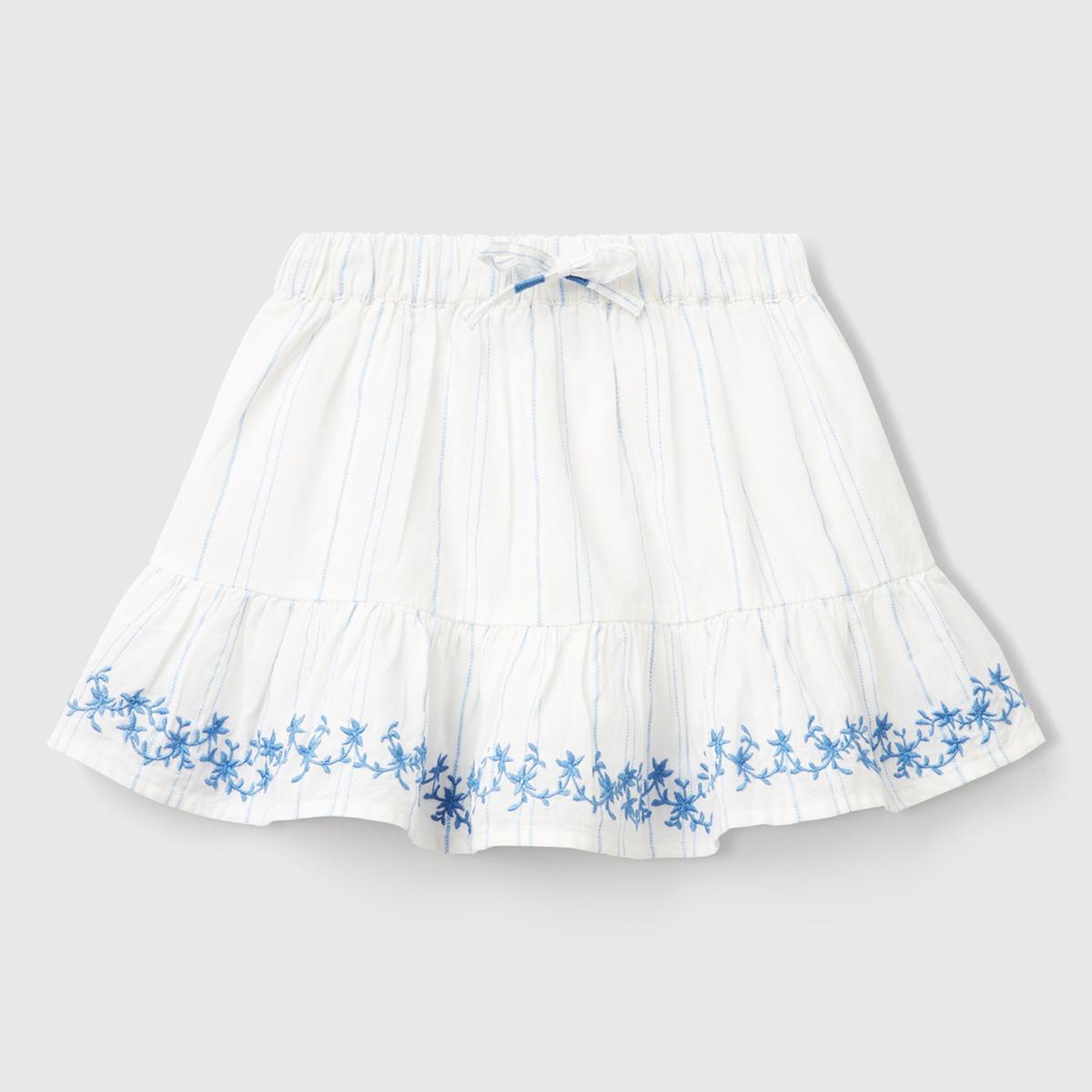 Kız Çocuk Beyaz Çizgili Etek Ucu İşlemeli Büzgü İpli Etek