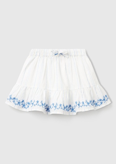  Kız Çocuk Beyaz Çizgili Etek Ucu İşlemeli Büzgü İpli Etek