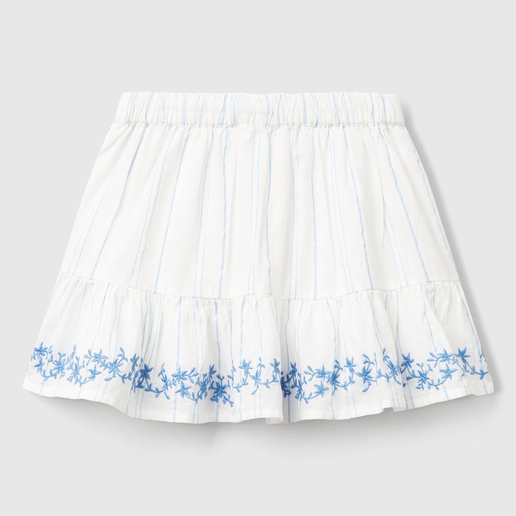 Kız Çocuk Beyaz Çizgili Etek Ucu İşlemeli Büzgü İpli Etek