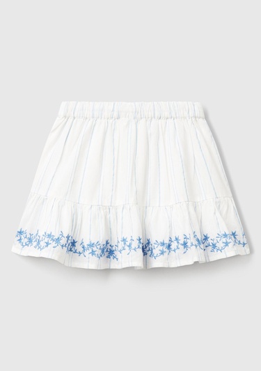  Kız Çocuk Beyaz Çizgili Etek Ucu İşlemeli Büzgü İpli Etek